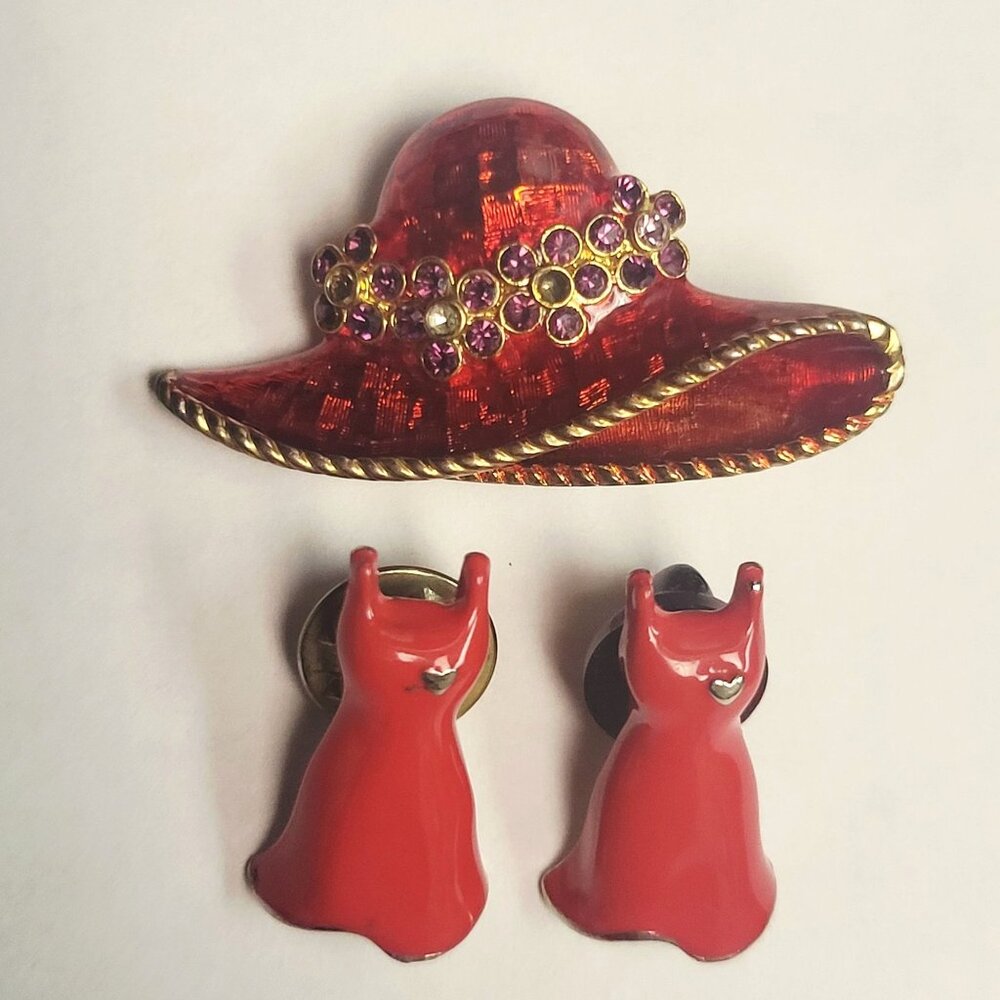 Vintage Red Hat Society Enamel Rhinestone Brooch 2 Red Dress Lapel Pins